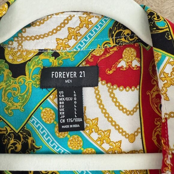 Forever 21 Button Down Shirt Mens L White Black Baroque All Over Print Viscose - Picture 4 of 12